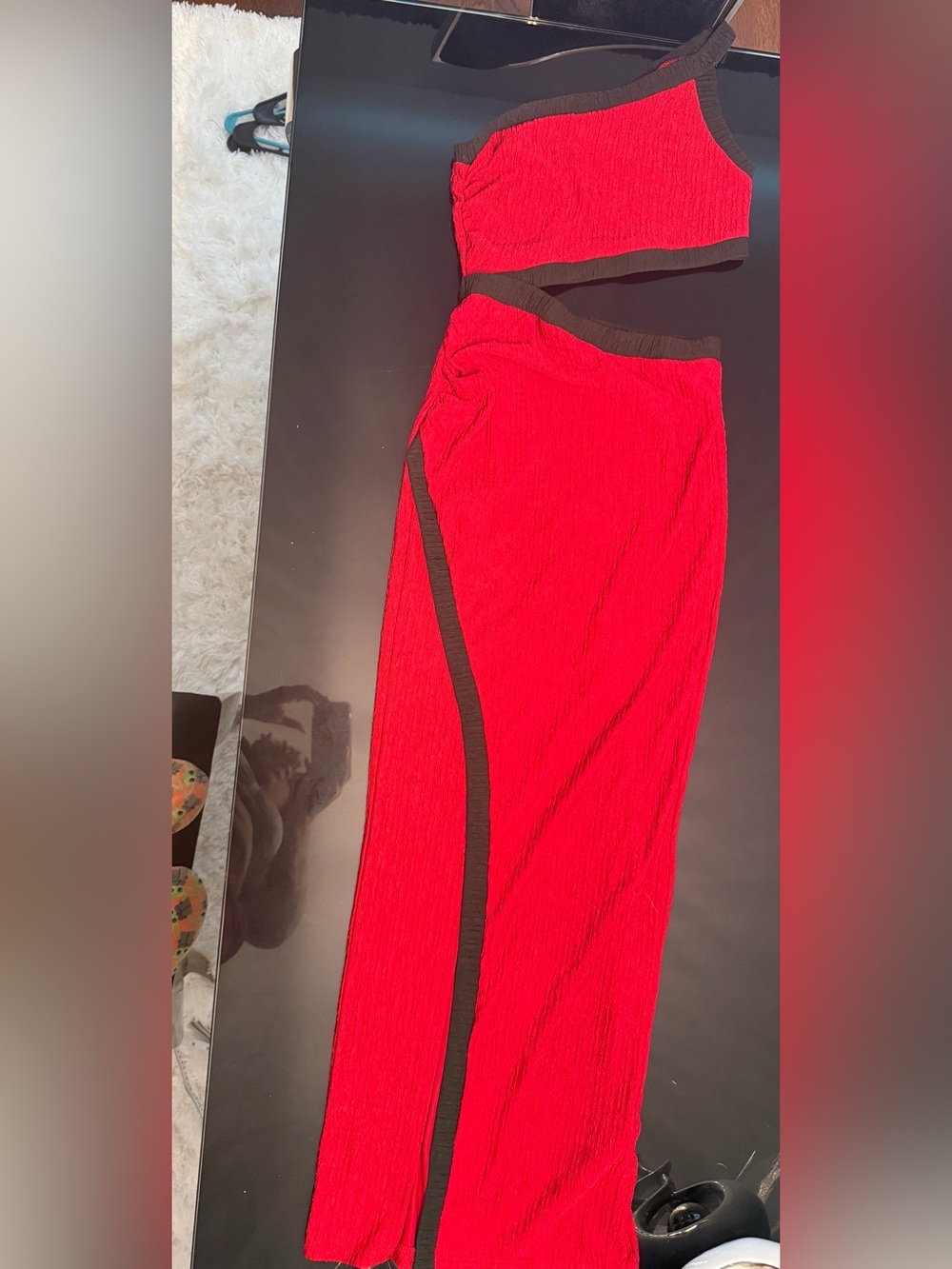 SHEIN Red Maxi Skirt with Black Side Trim